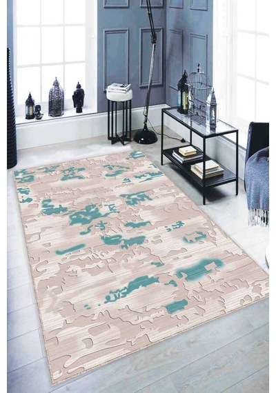 Turkuaz Vintage Kaymaz Taban Makinede Yıkanabilir Halı Nu005n11