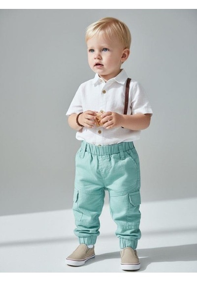Zekids Erkek Bebek Pamuklu Beli Lastikli Kargo Pantolon-16933 Yeşil