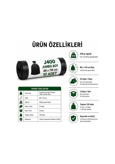 Endüstriyel Jumbo Boy Çöp Torbası Seti 80x110 Cm Siyah - Koli Içi 120 Adet 12 Rulo X 10 Adet Avantajlı Paket