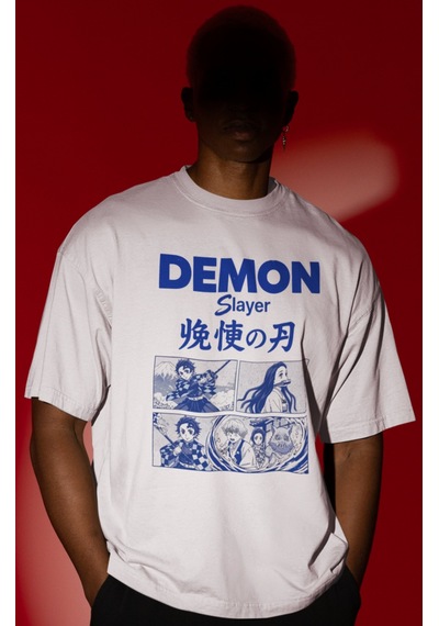 Sevbano Demon Slayer Anime Ön Baskılı Unisex Oversize Tişört Beyaz