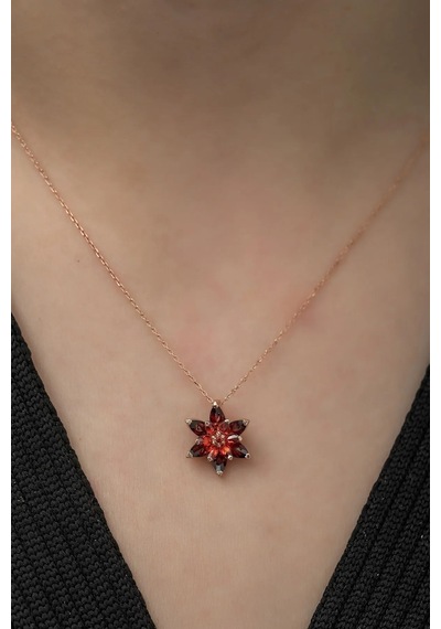 Ervanur Kadın Rose Altın Kaplama Kırmızı Taşlı Lotus Çiçeği Kolye Kırmızı