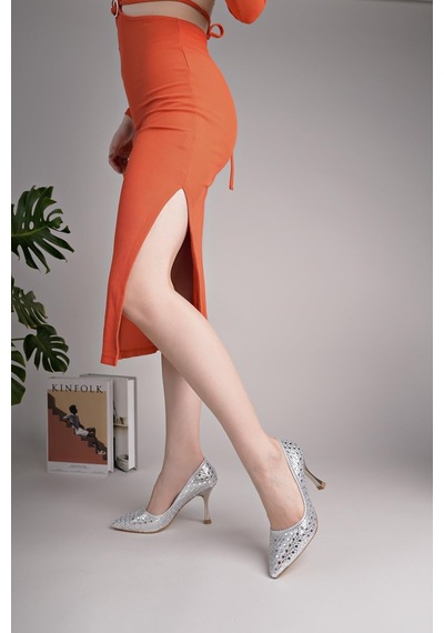 Nesilshoes Nesil Shoes Özma 500 Gümüş Taşlı Topuklu Kadın Stiletto GÜMÜŞ