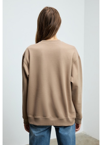 Grımelange KARIUS Kadın Organik Pamuklu İçi Polarlı Oversize Yuvarlak Yakalı Açık Kahverengi Sweatshirt