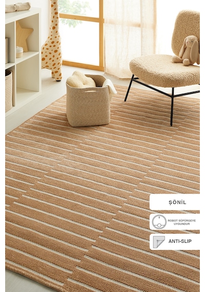 Ocean Home Textile Bej Renk Çizgi Desenli Şönil Halı Kilim 160 X 230 Cm