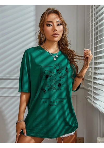 Uyguntarz Unisex Happy Baskılı Tasarım Tshirt Yeşil