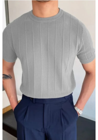 Erkek Slim Dar Bisiklet Yaka Düz Triko T-shirt Gri