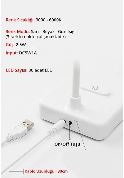 Usb Kablolu Şarjlı Dokunmatik Dimmer Ayarlı 30 Led Okuma Ve Çalışma Işığı Masa Lambası 3 Renk Işık