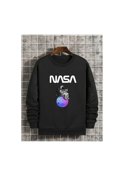 Magors Stıl-x Nasa Uzay Baskılı Oversıze Pamuklu Siyah Renk Sweatshırt Siyah