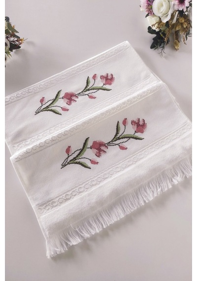 Kanaviçe Nakışlı Güllü Kadife El Yüz Havlusu Seti-2'li - 50x90 Cm- Beyaz Beyaz Beyaz