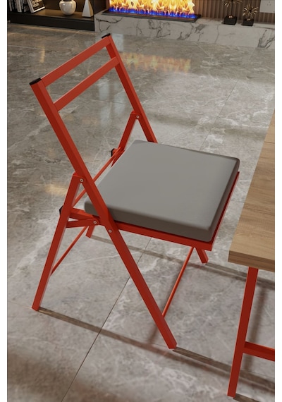 1 Adet Katlanır Kırmızı Metal Sandalye Minderli Bistro Sandalye 2