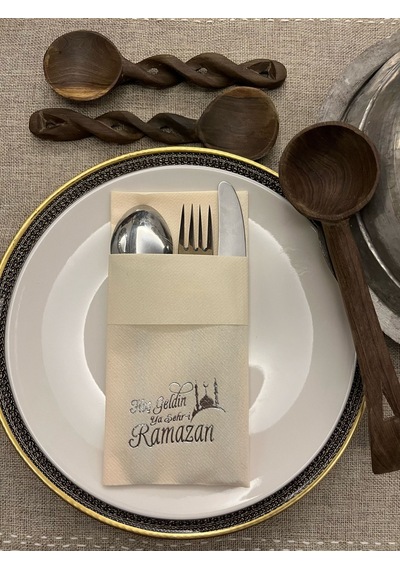 Gümüş Yaldızlı Kumaş Dokulu Hoş Geldin Ya Şehri Ramazan Krem Cepli Peçete 6 Lı