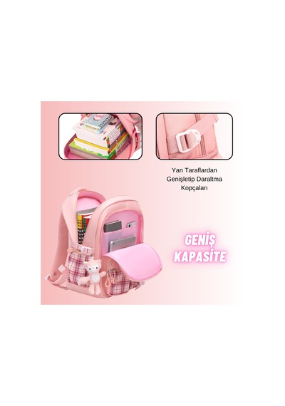 Kız Çocuk Okul Sırt Çantası Ergonomik Özel Tasarım Çok Bölmeli Geniş Kapasite Okul Çantası Pembe