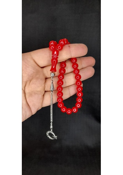 Anemore Collection Çubuk Kehribar Tesbih Kırmızı Renk Küre Kesim T-434