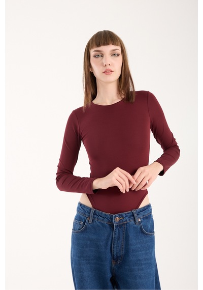 Gugus Kadın Bisiklet Yaka Uzun Kollu Çıtçıtlı/zıbın Body Bordo1