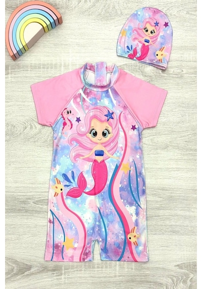 My Kids Wear Dalgıç Kumaş Gizli Fermuarlı Boneli Karakter Desenli Kız Çocuk Mayo Mint Yeşili - Pembe