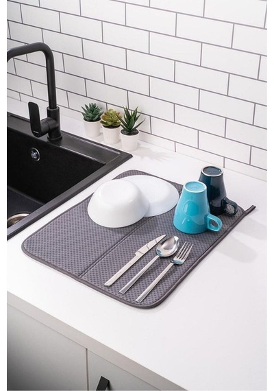 Gri Bulaşık Kurutma Matı 45x36 Cm, Kaymaz Tabanlı Su Emici Mikrofiber Mat Diğer