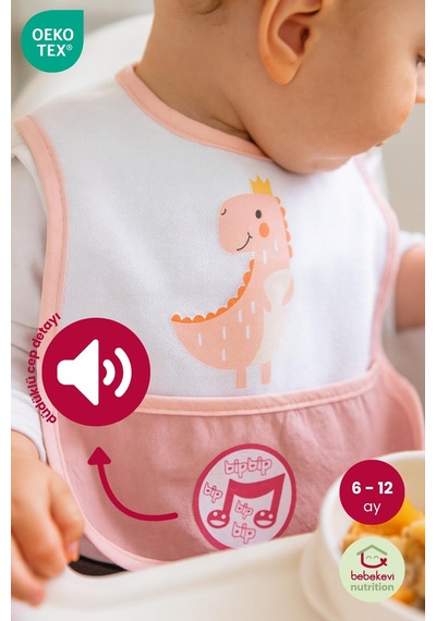 Düdüklü Cepli Sıvama Mama Önlüğü - Sevimli Dino Bebek Önlüğü Açık Pembe