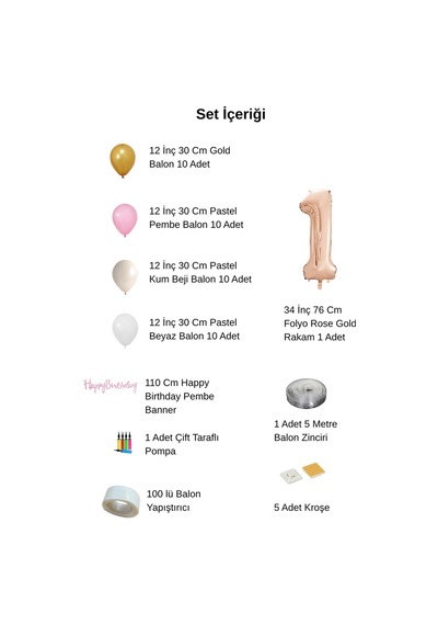0 Yaş Pompa Hediyeli Doğum Günü Seti Banner Gold Pembe Kum Beji Beyaz Balonlar Rose Gold Rakam Çok Renkli