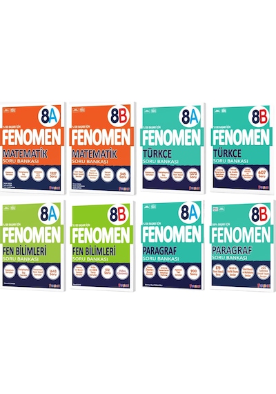 Fenomen Okul 2025 8. Sınıf Matematik + Türkçe + Fen + Paragraf A + B Serisi Soru Bankası Seti 8 Kitap