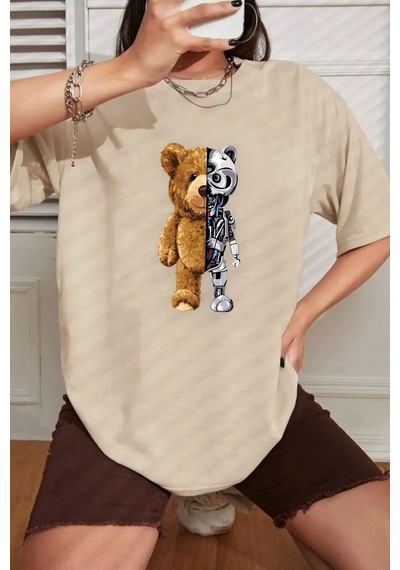 Unisex Boys Bear Baskılı Tasarım Tshirt Bej