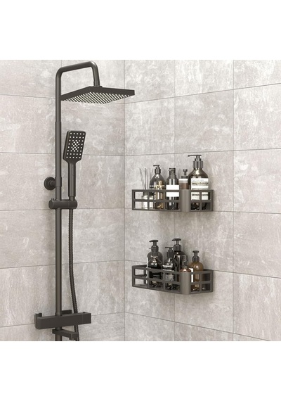 2'li Set Siyah Yapışkanlı Banyo Duş Rafı - 27x12 Cm Matkapsız Montaj Şampuanlık Ve Mutfak Baharatlık Organizeri Altın - Beyaz