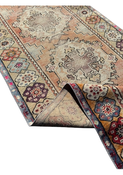 El Dokuma Vintage Eskitme Maden Halısı 94x300 Yün 3 Metre Yolluk Renkli