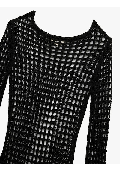 Koton Slim Fit Uzun Kollu Bisiklet Yaka File Kroşe Plaj Elbisesi Siyah 6sak80001mt