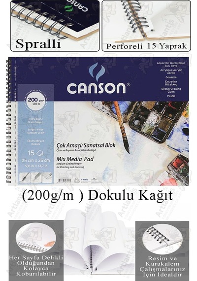 Çok Amaçlı Sanatsal Blok 25x35 Cm 200 Gr 15 Yaprak 1 Adet Canson Resim Defteri Akrilik Yağlı Guaj Keçeli Sulu Boya