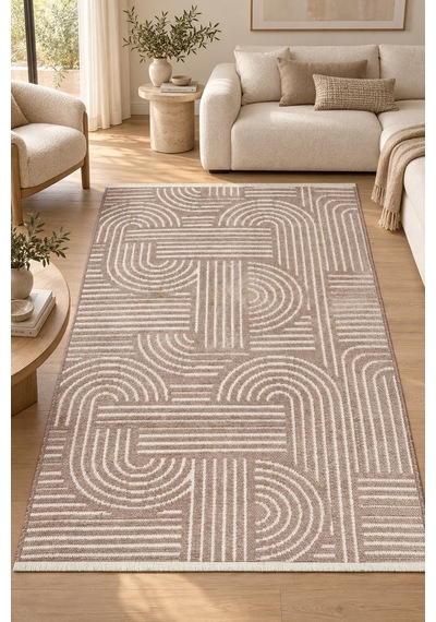 Karnel Zemin Özel Ölçü Oturma Odası Koridor Halısı Kaymaz Taban Yıkanabilir Robot Süpürge Uyumlu Kolay Temizlenebilir Polyester Kilim Vizon/beyaz