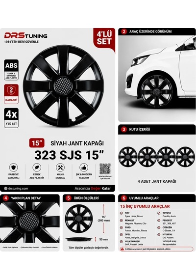 15 Inc Kırılmaz Sks Parlak Siyah Jant Kapağı 1 Takım 4 Adet No:323