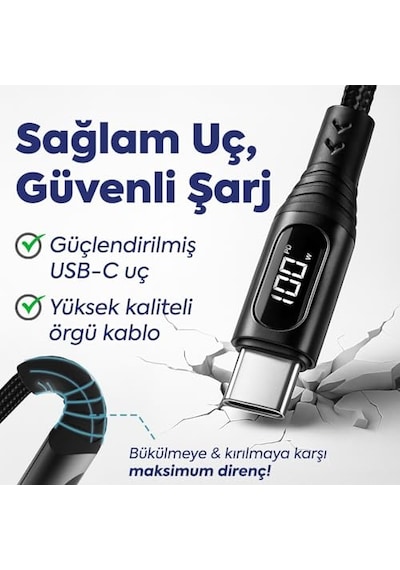 Ayrex 100w Type-c To Type-c Dijital Led Ekranlı Göstergeli Hızlı Şarj Kablosu E-mark Çipli, Dayanıklı Örgülü, Genel