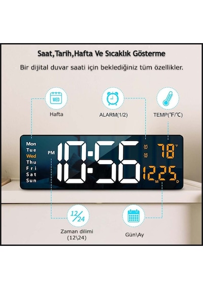 Dailylink Kumandalı Duvara Monte Dijital Duvar Masa Saati Geri Sa