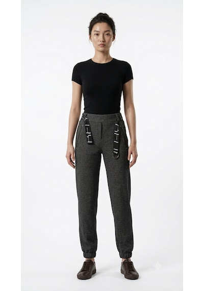 Neden Tekstil Kadın Relaxed Fit Jogger Pantolon Siyah Detaylı - Gri