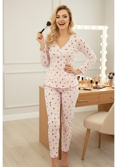 Siyah İnci Pamuklu Delikli Dantelli Örme Pijama Takım7928-6 Beyaz