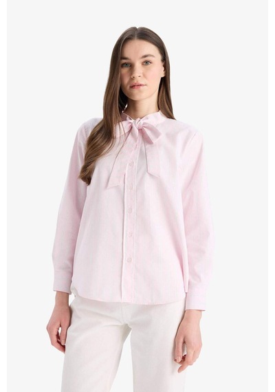 DeFacto Relax Fit Fiyonk Yaka Çizgili Simli Kumaş Uzun Kollu Gömlek Tunik E7976AX25SMPN441