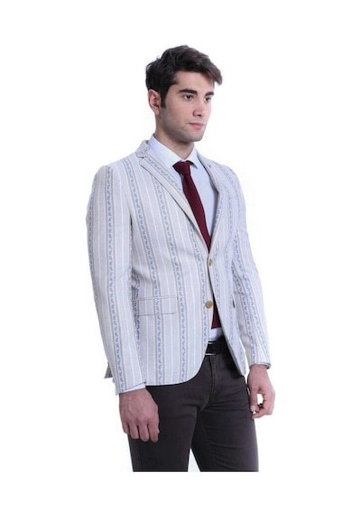 Wessi Çizgili Bej Slim Fit Ceket Siyah