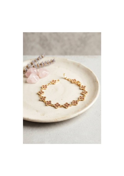 Gold Renk Pembe Zirkon Taşlı Yonca Model Kadın Bileklik Tj-bb8890 Evimdeyokyok