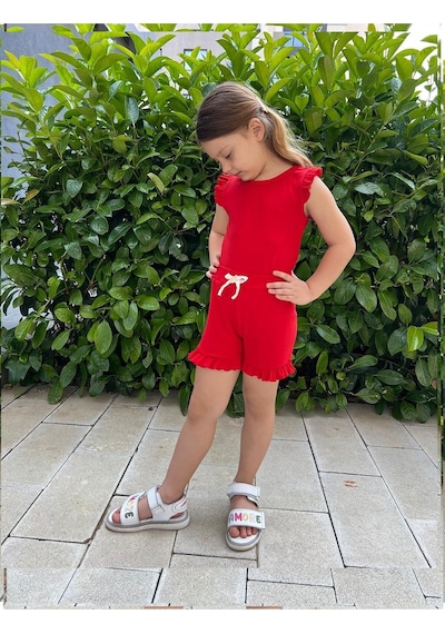 My Kids Wear Fırfırlı Kız Çocuk Şort Takım Kırmızı