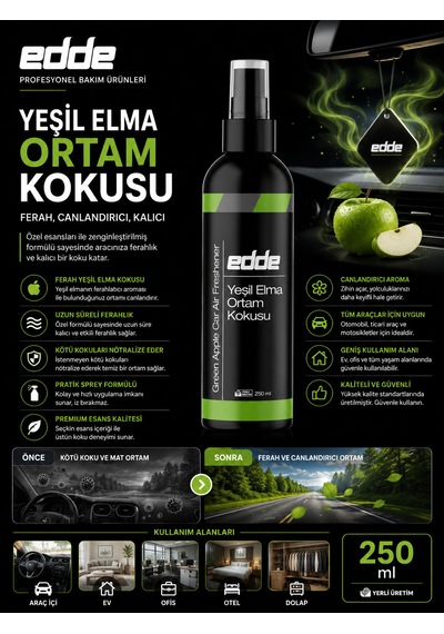 Edde Yeşil Elma Kokulu Araba Araç Oto Ortam Kokusu Araç Içi Kokuları Oto Parfümü 250 Ml Oto Detailing 250ml