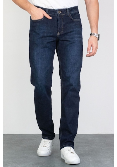 Regular Fit Boru Paça Likralı Erkek Jeans Kot Pantolon - Koyu Mavi