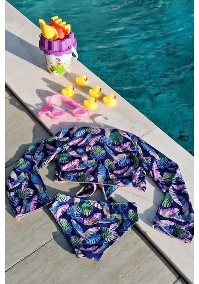 Mayom Kız Çocuk Yaprak Desenli Pareolu Bikini Takımı 3'lü Set-lacivert-pembe Lacivert - Pembe Mayom Kız Çocuk Yaprak Desenli Pareolu Bikini Takımı 3'lü Set-lacivert-pembe Lacivert - Pembe