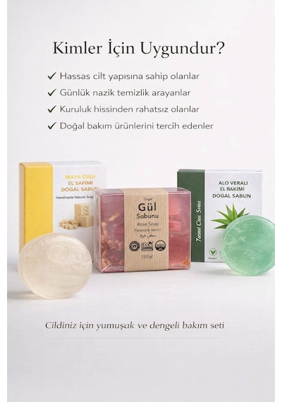 3'lü Doğal Sabun Seti Maya, Aloe Vera, Gül Özlü - Hassas & Günlük Nazik Bakım Serisi Aloe Vera - Gül