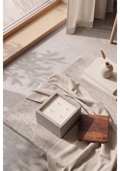Kafna Büyük Boy Beton Mum Doğal Ahşap Kapaklı Minimalist Dekor Mum Diğer