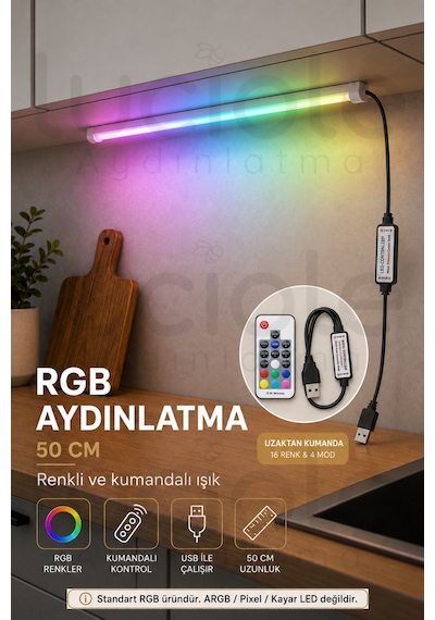 50 Cm Rgb Led Bar Rf Kumandalı Usb Renk Değiştiren Yapışkanlı Gaming Masa Dolap Raf Aydınlatma