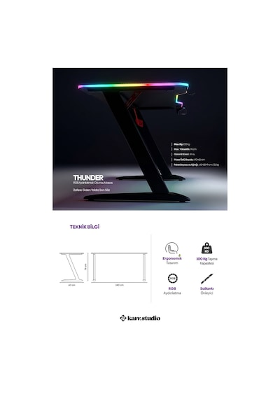 Thunder Rgb Aydınlatmalı Oyuncu Masası Pembe