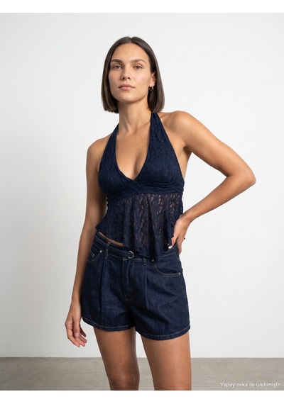 Dilvin 21228 Dantel Halter Yaka Top-indigo İndigo