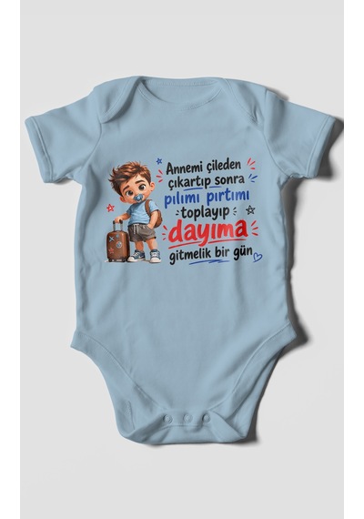 Morivokids Anneye Ve Dayıya Özel Kısa Kollu Bebek Body %100 Pamuk Bebe Mavisi