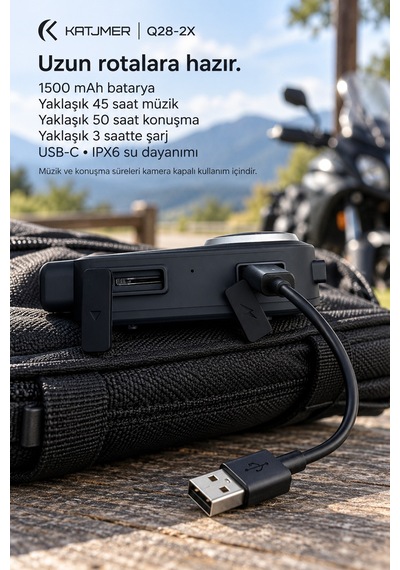 Q28-2x Bluetooth 5.0 Motosiklet İnterkom Kulaklığı 500 M, 2 Kişilik, Ipx6, 1500 Mah, 50 Saat Konuşma - Siyah