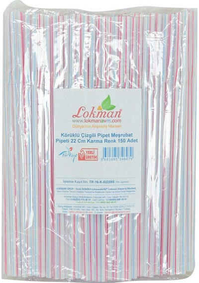 Körüklü Çizgili Pipet Ayran Kola Meşrubat Pipeti 22 Cm Renk 150 Adet Paket Kırmızı