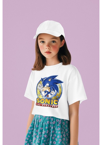 Sevbano Vintage Eskitme Sonic The Hedgehog Baskılı Unisex Çizgi Film Çocu Beyaz